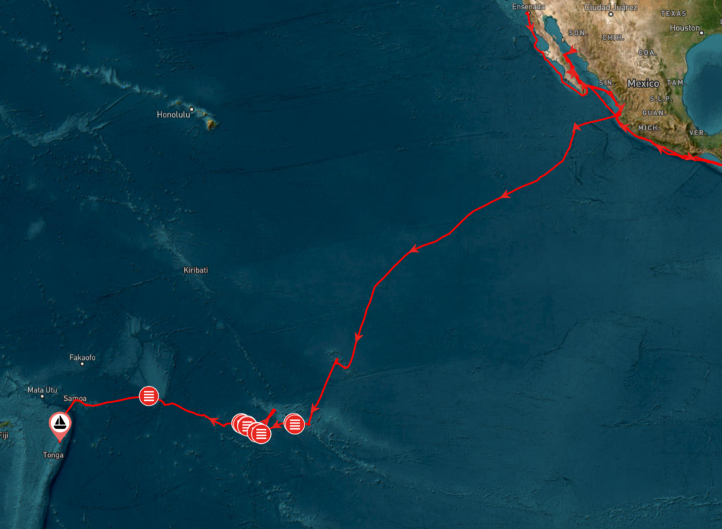 a red line showing the cruising route of Sailing Yacht Tartauga