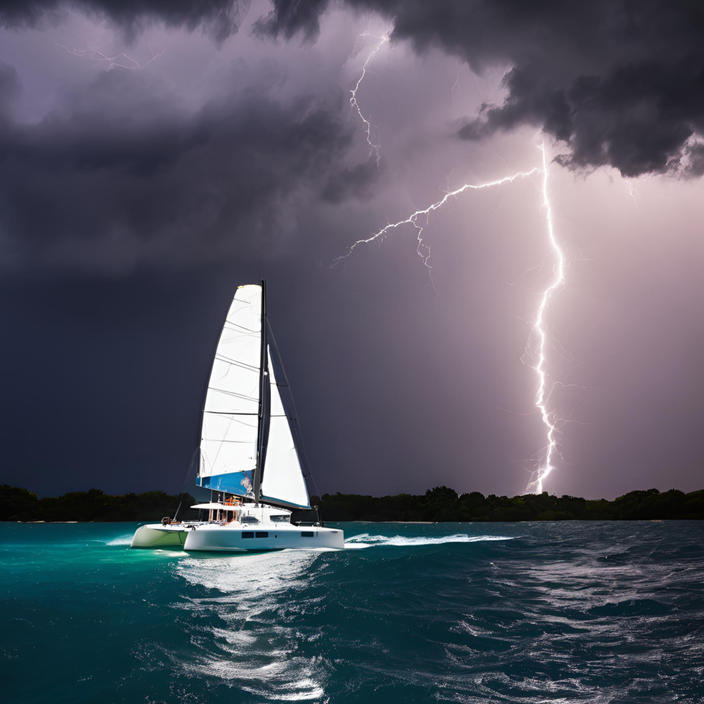 Sailing catamaran in a lightning storm